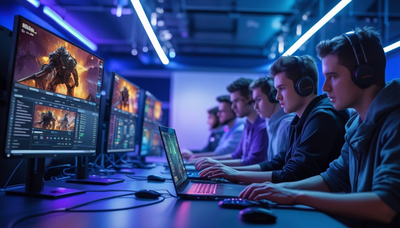 Beberapa orang muda sedang menggunakan perangkat digital untuk melihat pertandingan esports dan memasang taruhan dalam ruangan dengan pencahayaan biru dan ungu.