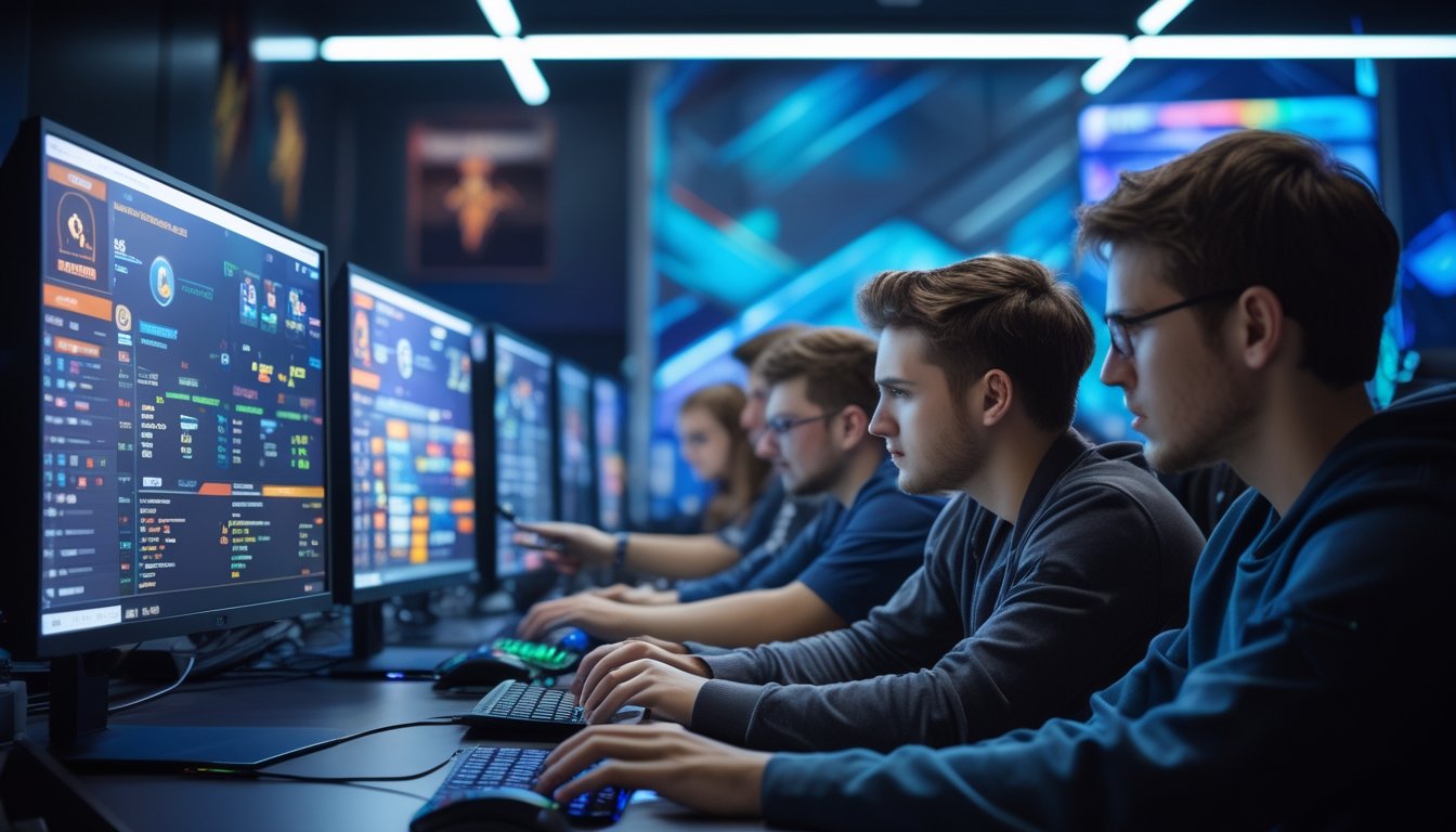 Sekelompok orang muda sedang menganalisis data esports di depan beberapa monitor komputer dalam ruangan modern.