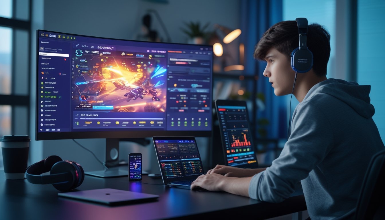 Seorang dewasa muda duduk di depan komputer dengan layar menampilkan permainan esports, dikelilingi perangkat elektronik dan ekspresi fokus campur sedikit khawatir.