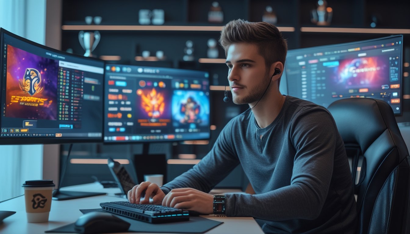 Seorang pria muda duduk di depan beberapa layar komputer yang menampilkan grafik permainan esports dan peluang taruhan, di sebuah ruangan gaming modern.