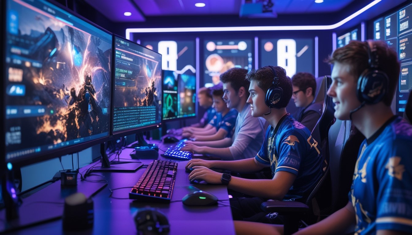 Sekelompok orang muda bermain game esports dengan setup komputer modern dan lampu warna-warni di ruangan yang penuh semangat.