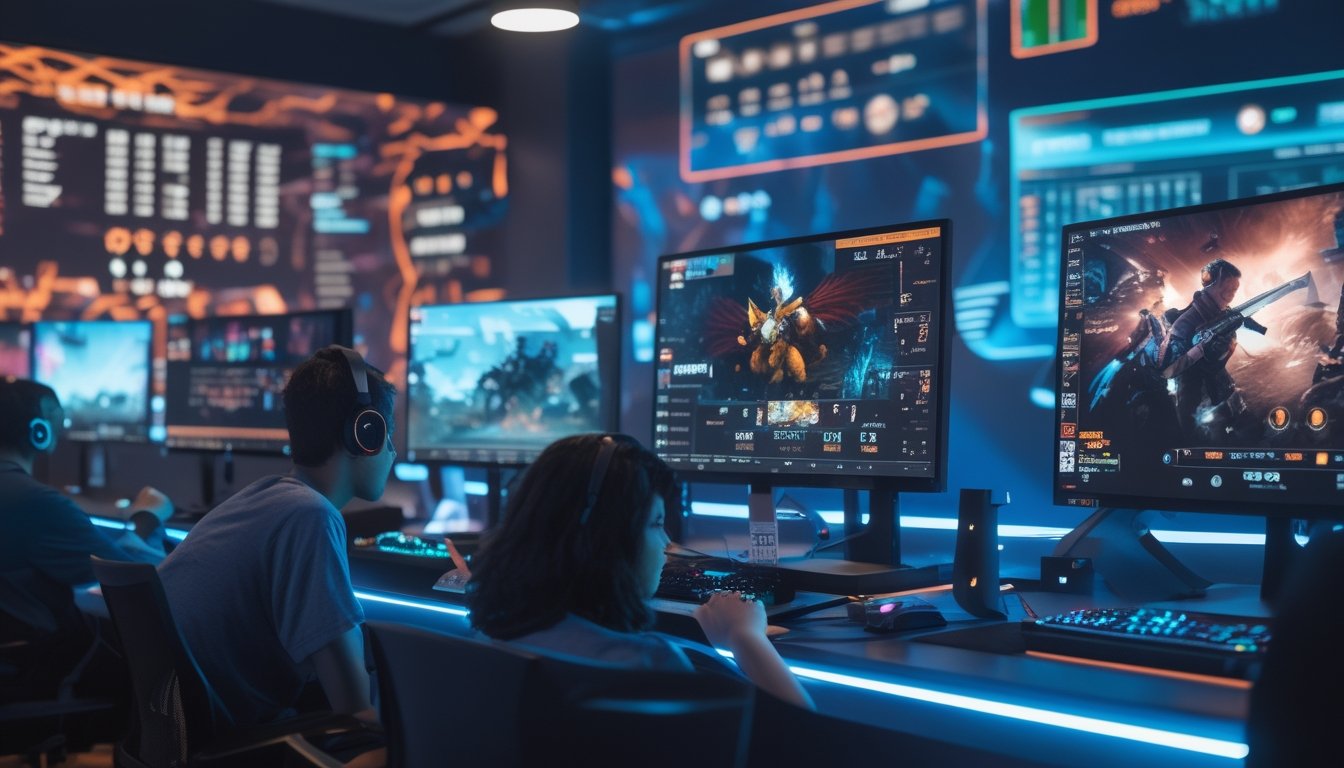 Sekelompok orang muda sedang bermain dan memasang taruhan pada permainan esports di sebuah ruangan gaming modern.