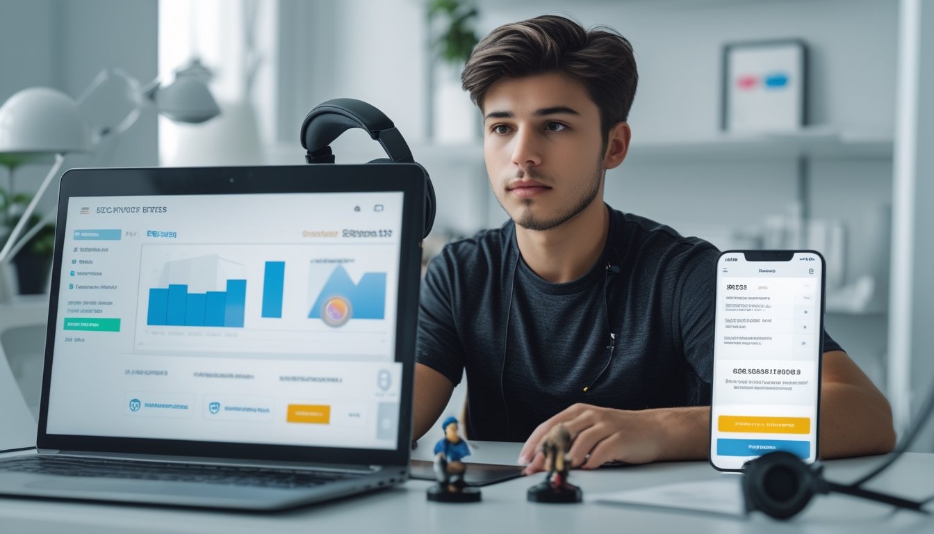 Seorang dewasa muda sedang menggunakan laptop dan ponsel untuk melakukan transaksi deposit dan penarikan di situs judi esports dengan aman.