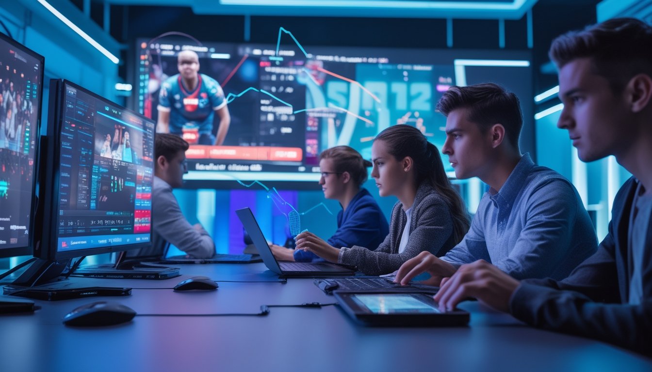 Sekelompok orang muda sedang menganalisis data taruhan esports di ruang kantor modern dengan beberapa layar yang menampilkan pertandingan dan grafik pasar.