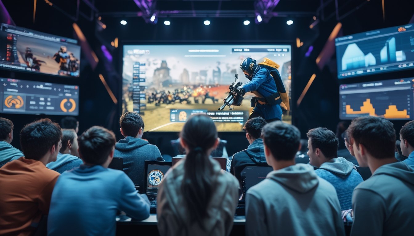Sekelompok orang muda menonton pertandingan esports di layar besar dalam suasana modern dengan grafik dan simbol tim esports.