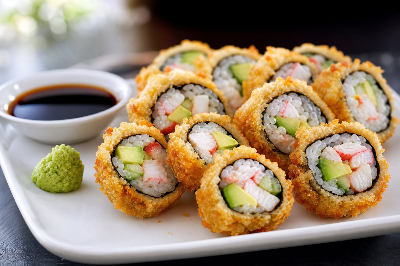 A plate of assorted fried sushi rolls with soy sauce and wasabi on the side.