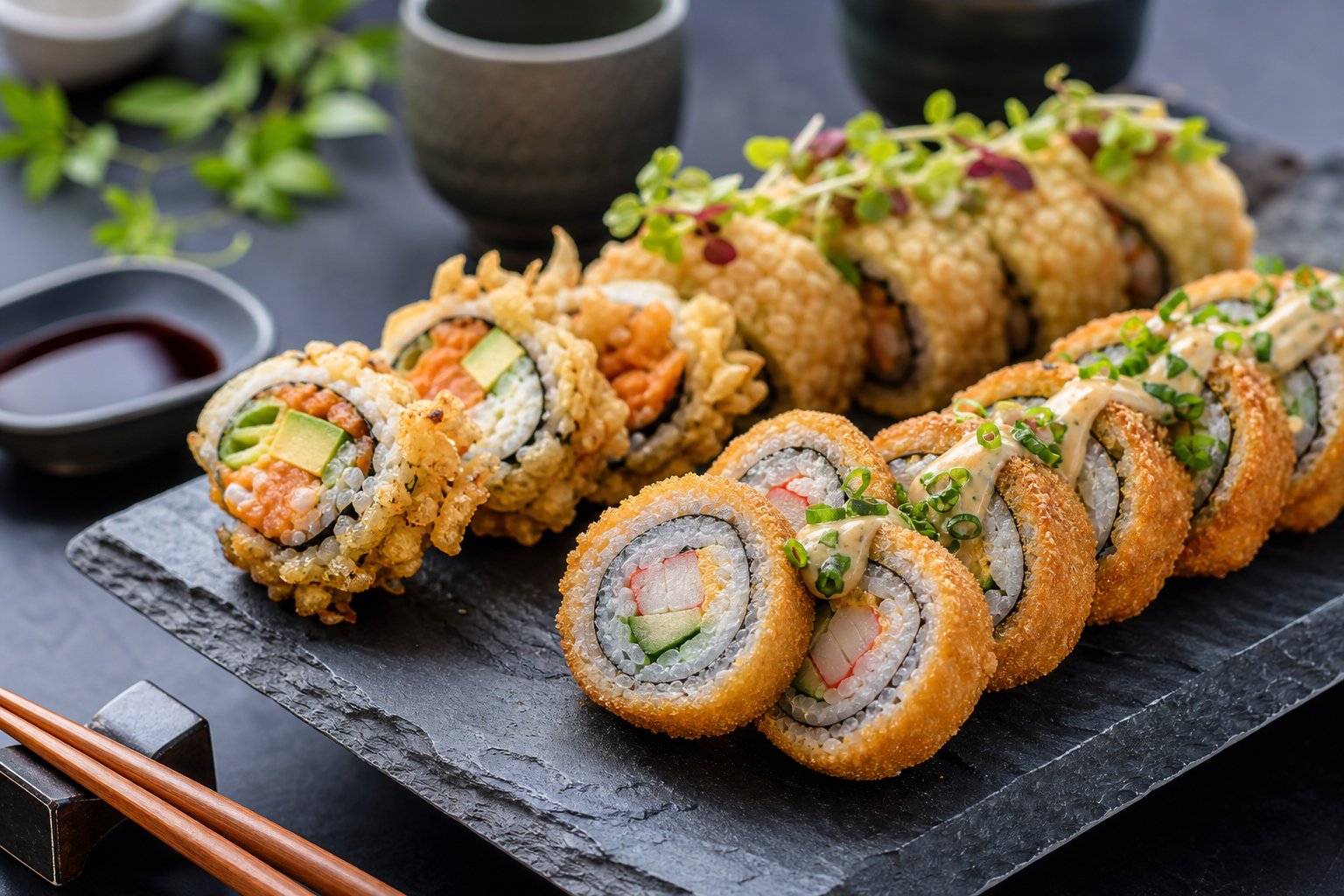 A variety of fried sushi pieces arranged on a dark platter with chopsticks and a small soy sauce dish in the background.