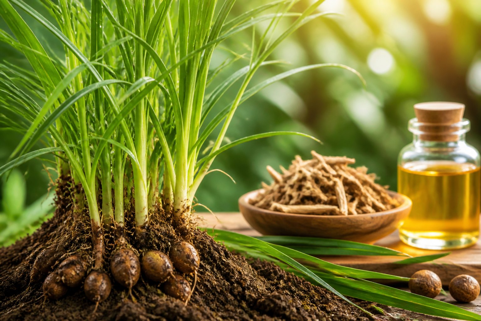 Fresh Nagarmotha plants with green leaves and round roots growing in soil, alongside dried roots and a jar of herbal oil on a wooden surface.