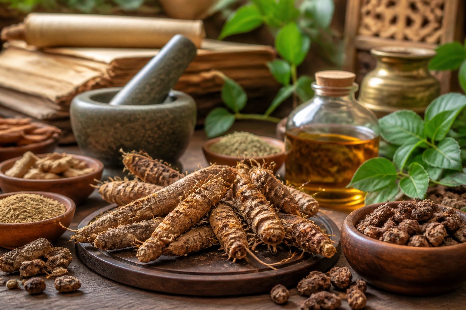 A wooden table displaying fresh and dried Nagarmotha roots with Ayurvedic herbs and tools in a natural setting.