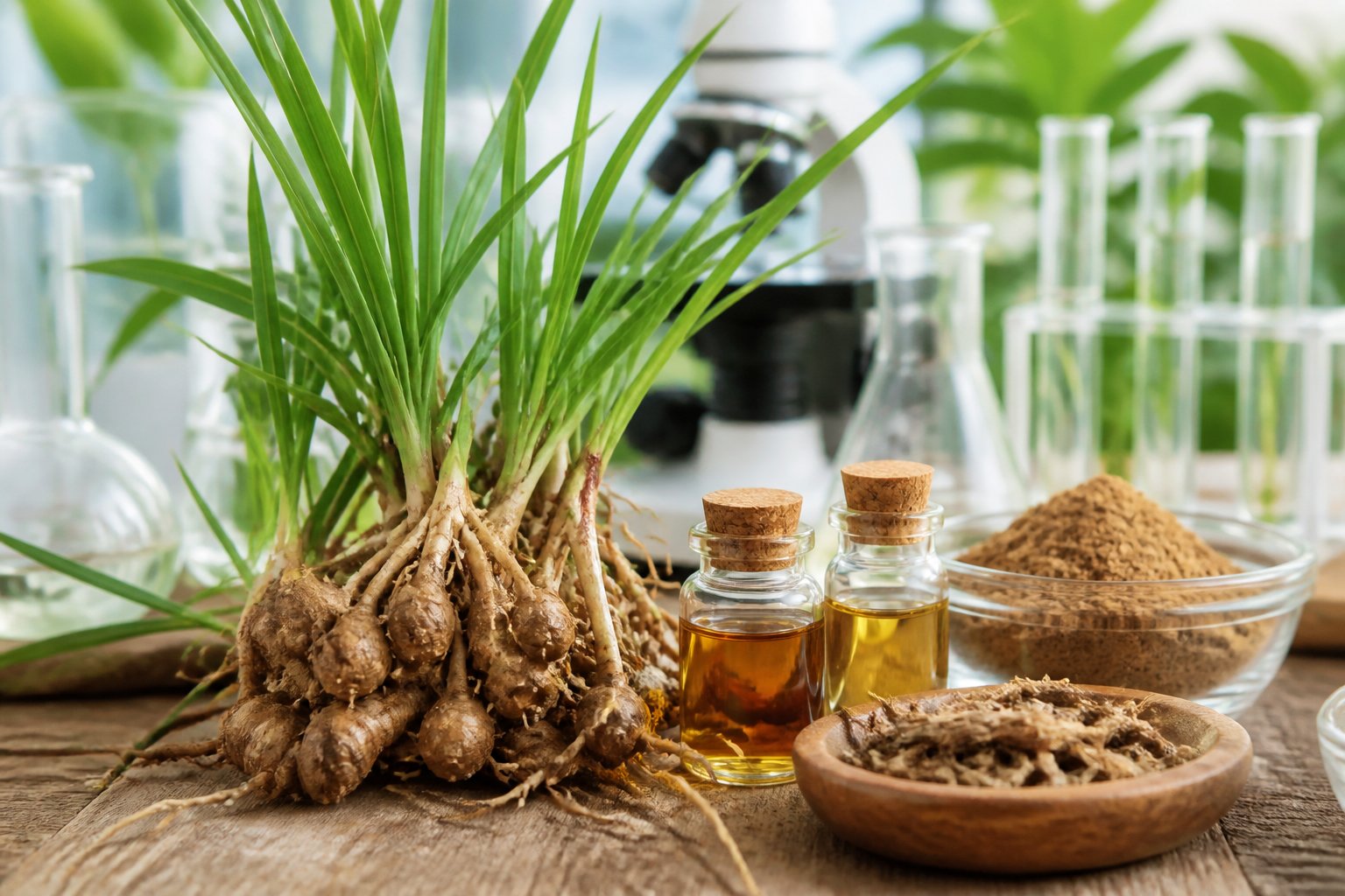 Fresh Nagarmotha plants with roots and small jars of oil and powder on a wooden surface with blurred botanical lab equipment in the background.