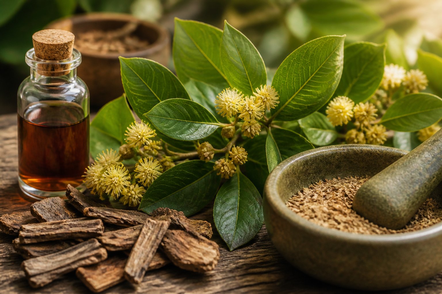 Close-up of fresh Muira Puama leaves, yellow flowers, dried bark, and herbal extract on a wooden surface.