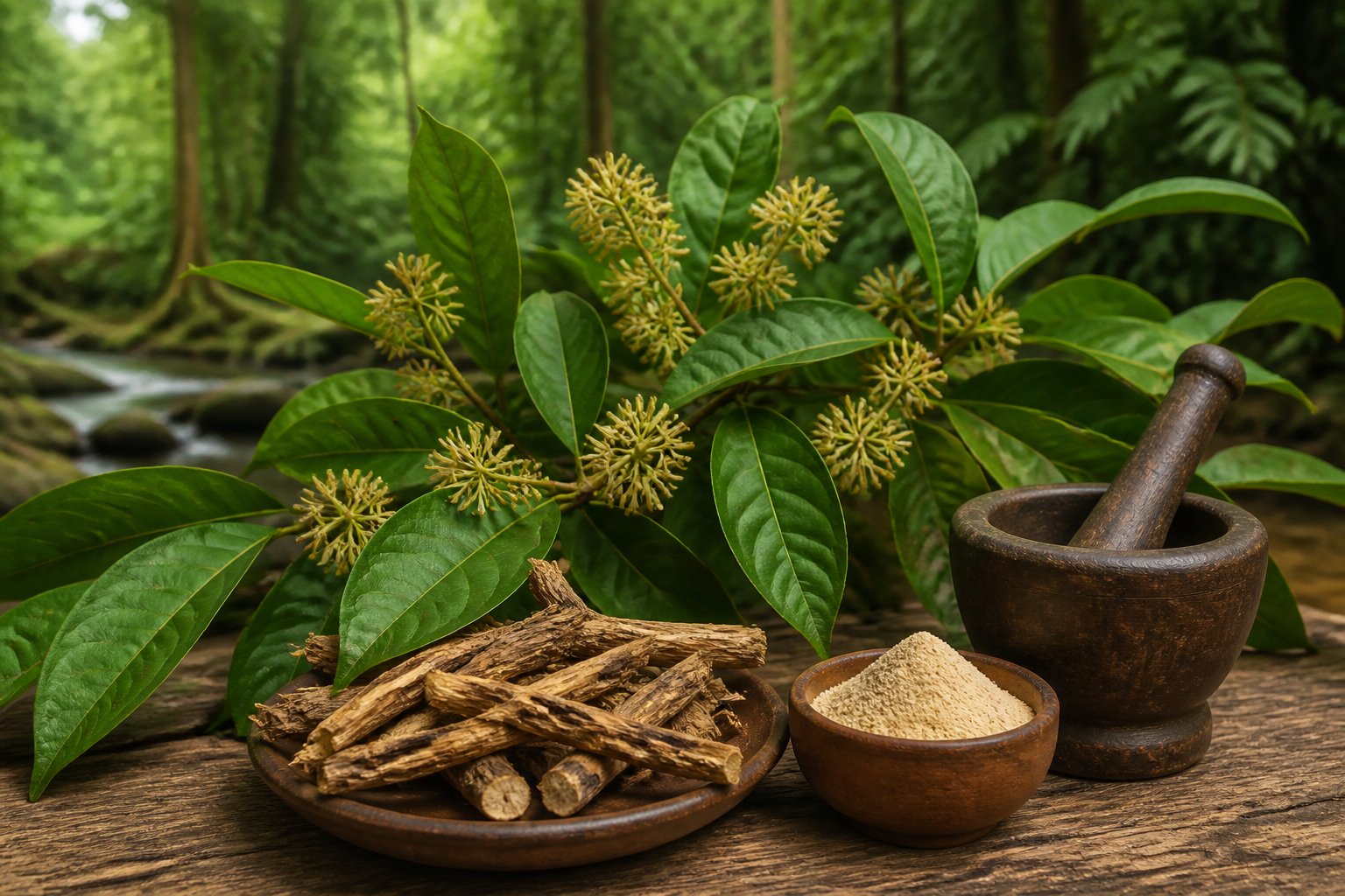 Close-up of Muira Puama plant with green leaves and small flowers, alongside dried roots and herbal medicine items on a wooden table in a forest setting.