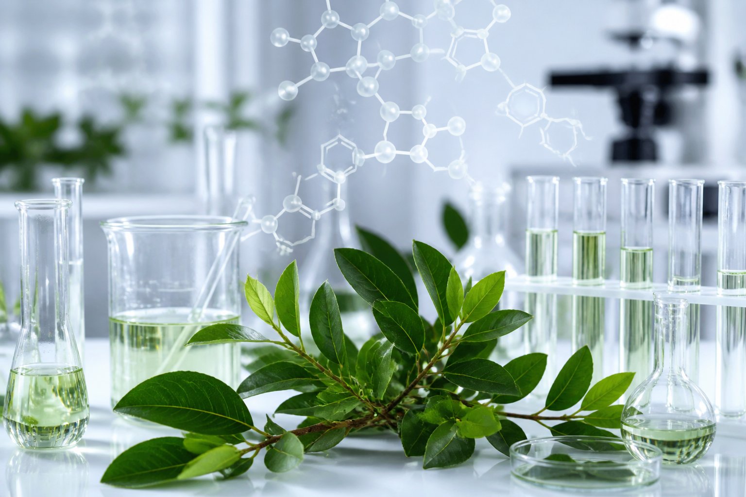 Fresh Muira Puama leaves and branches displayed with laboratory glassware containing liquids, set against a blurred lab background with molecular structures.