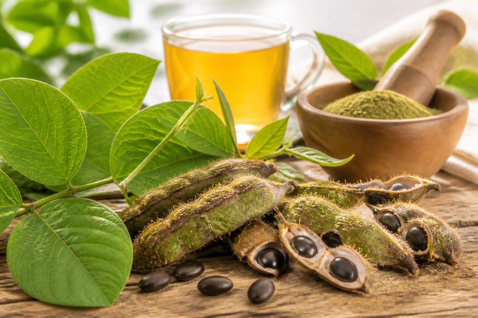Close-up of fresh Mucuna Pruriens pods and leaves arranged on a wooden surface with herbal tea and a mortar and pestle in the background.