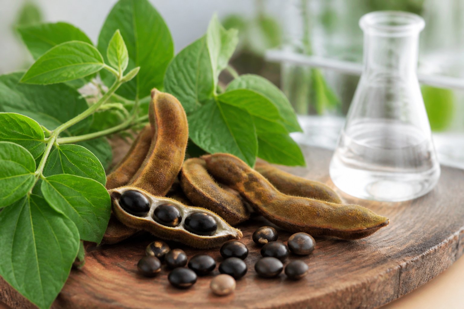 Close-up of Mucuna Pruriens pods, leaves, and seeds on a wooden surface with a blurred laboratory beaker in the background.