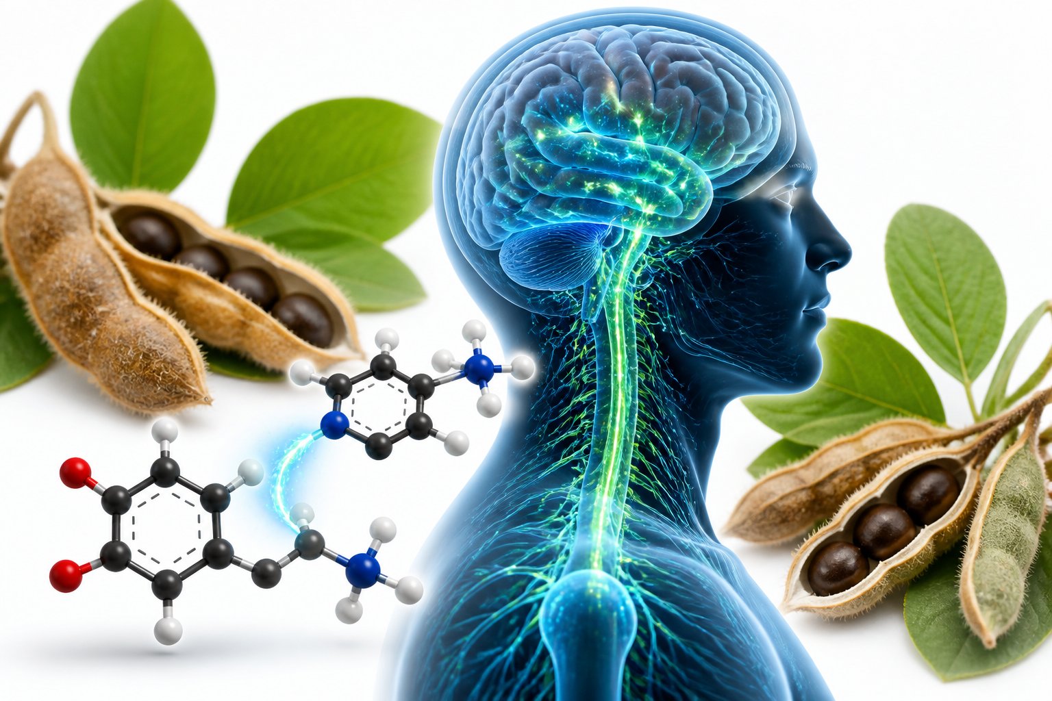 An illustration showing a human brain and nervous system with glowing neural pathways, molecular structures of L-Dopa and dopamine, and Mucuna Pruriens pods and leaves in the background.