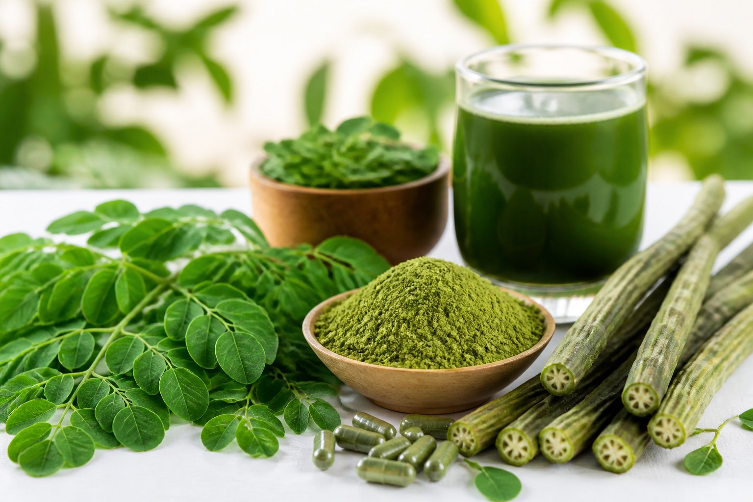 Fresh moringa leaves, pods, powder, juice, and capsules arranged on a white surface representing natural health benefits.