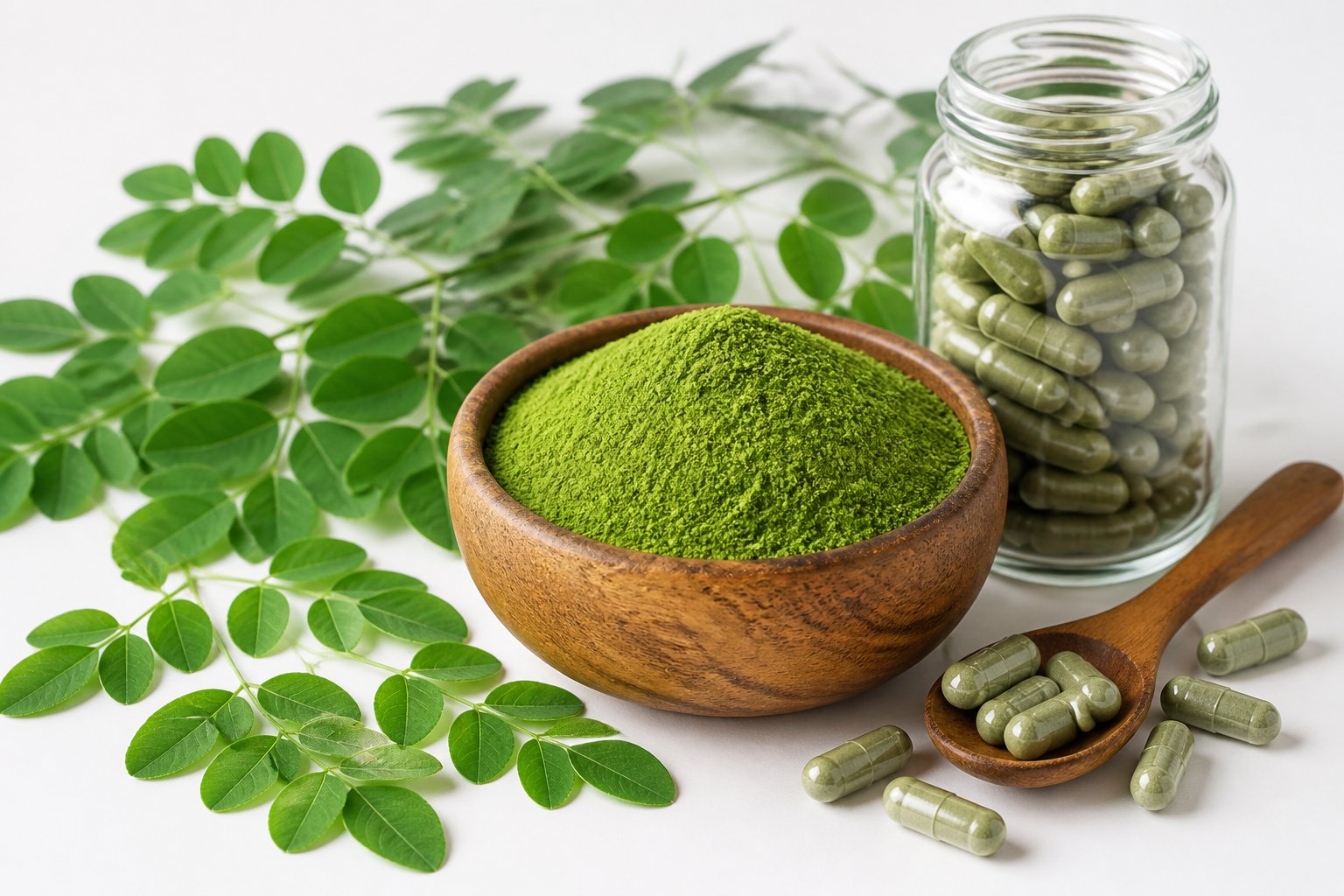 Fresh moringa leaves, moringa powder in a wooden bowl, and moringa capsules arranged on a white surface.