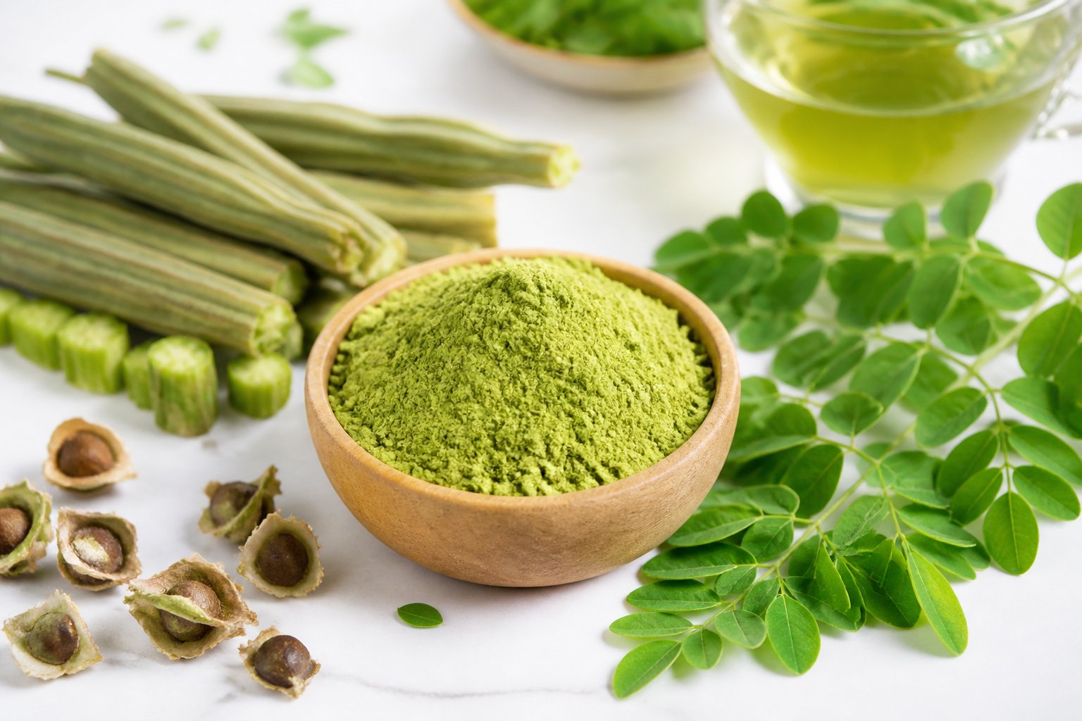 Fresh moringa leaves and powder arranged on a white surface with a small wooden bowl, suggesting natural health benefits.