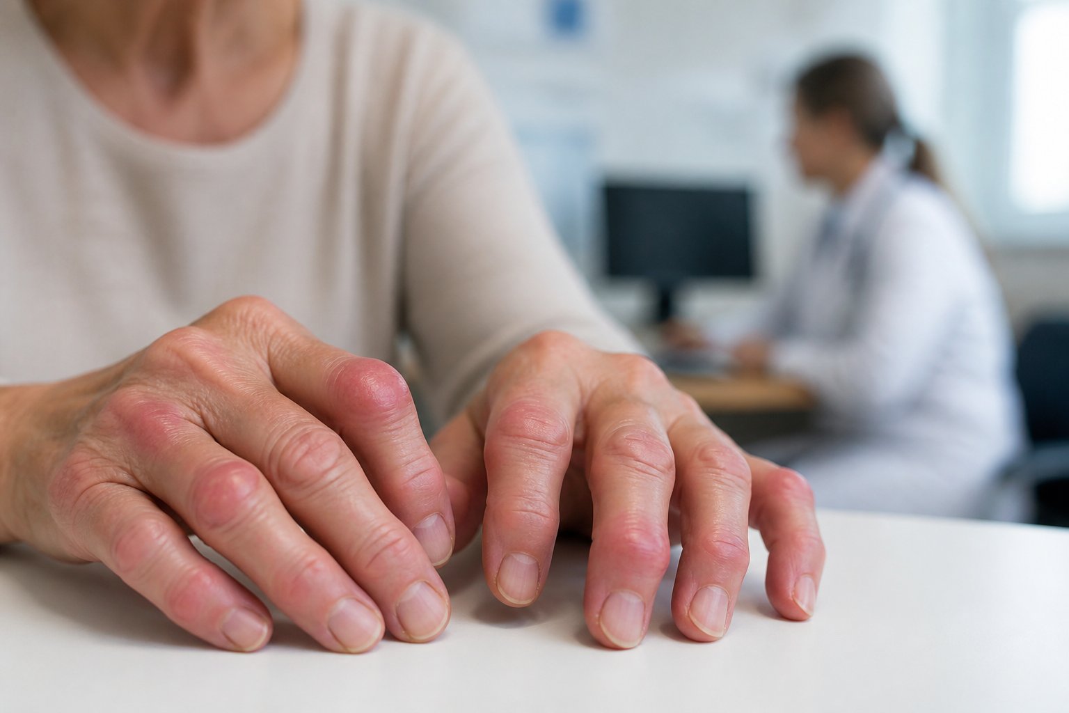 Close-up of swollen and inflamed hands resting on a surface with a blurred medical office and healthcare professional in the background.