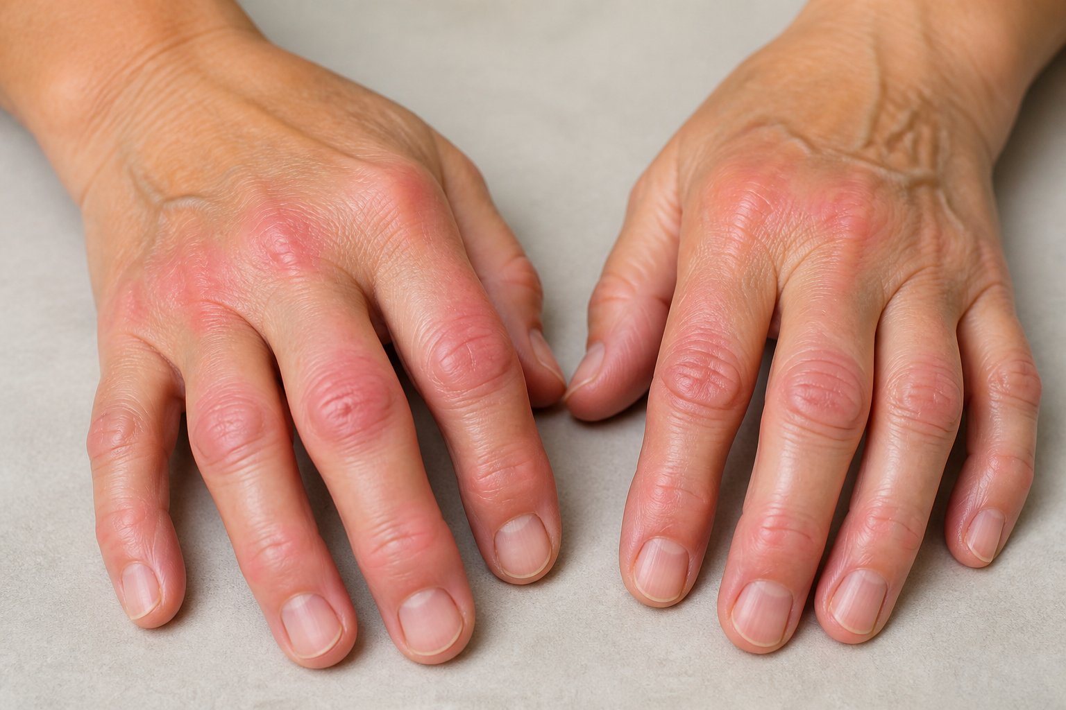 Close-up of a person's hands showing swelling and redness around finger joints.