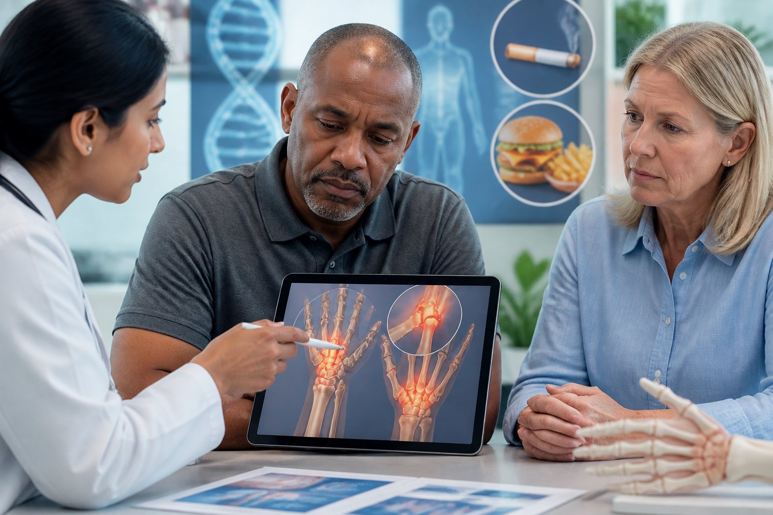 A group of adults consulting with a healthcare professional who shows an anatomical model of inflamed hand joints on a digital tablet.