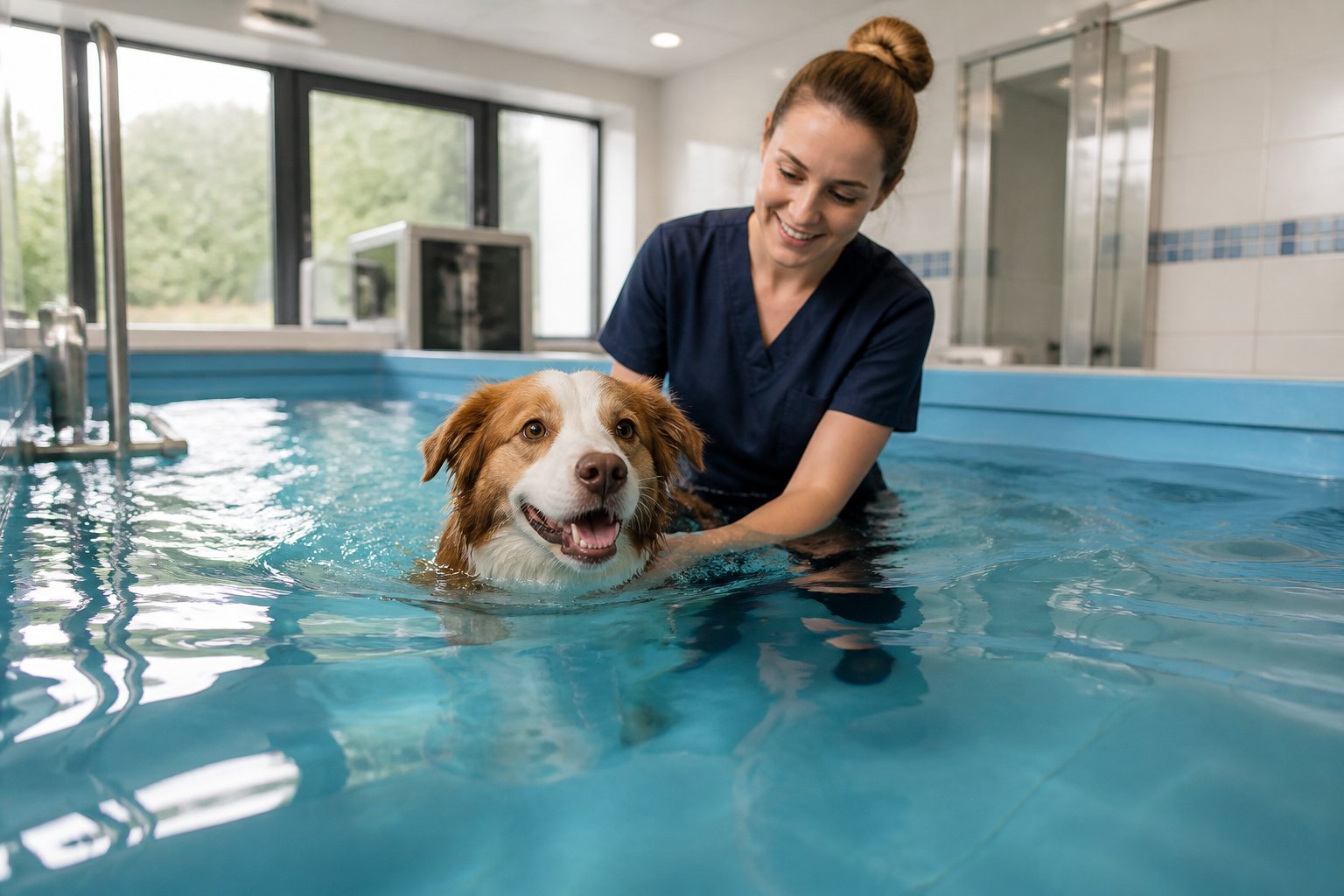 A medium-sized dog receiving hydrotherapy in a clear water pool indoors, supported by a therapist in a clean uniform.