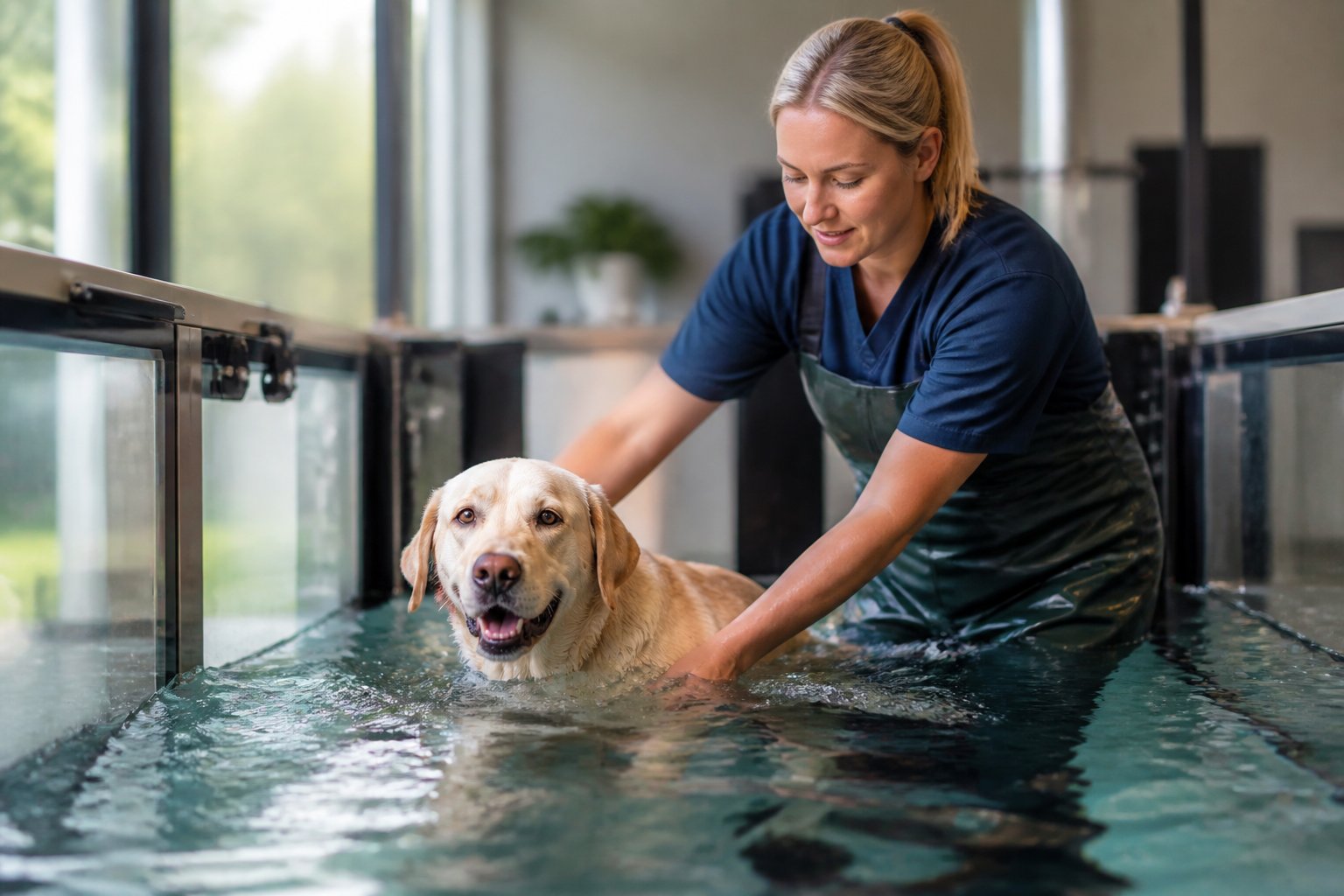 A dog receiving hydrotherapy treatment in a clean indoor pool with a therapist supporting it.