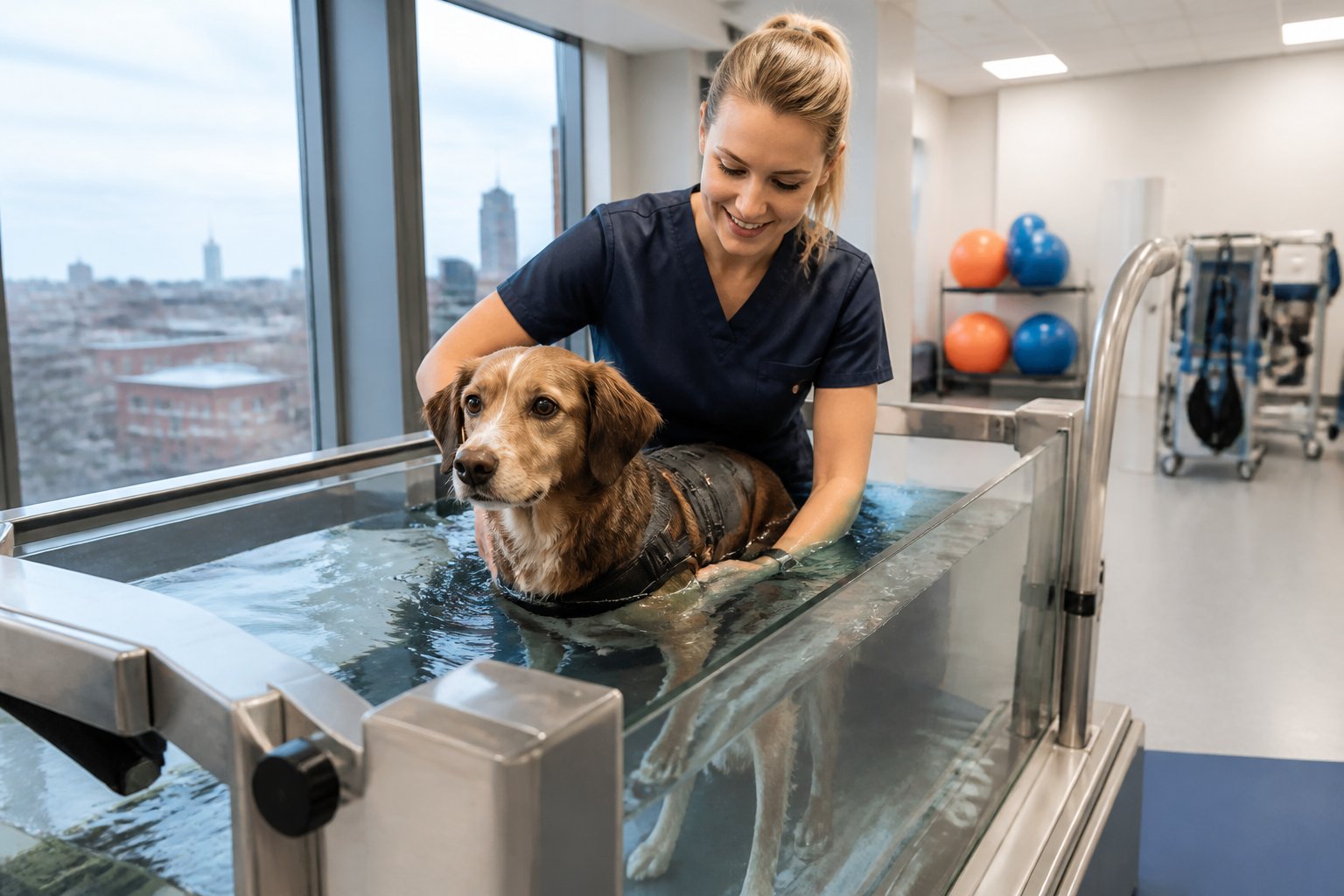 A dog receiving hydrotherapy in a water treadmill pool with a therapist supporting it inside a bright rehabilitation centre.