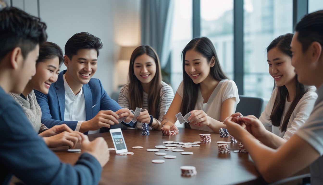 Sekelompok orang muda sedang bermain Capsa Susun di meja kayu dengan kartu dan chip poker di ruangan terang.