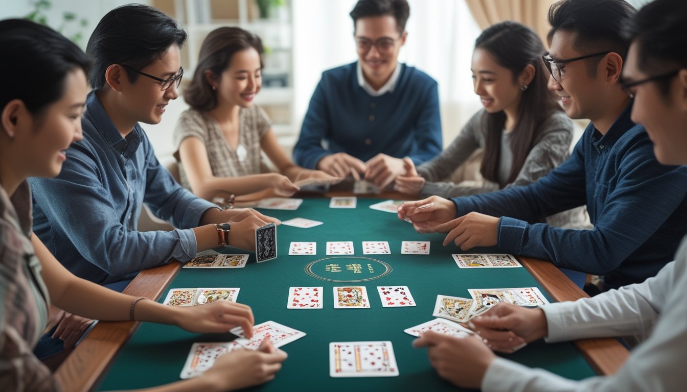 Beberapa orang duduk di sekitar meja bermain kartu Capsa Susun dengan kartu tertata rapi, tampak fokus dan saling berdiskusi dalam suasana santai.