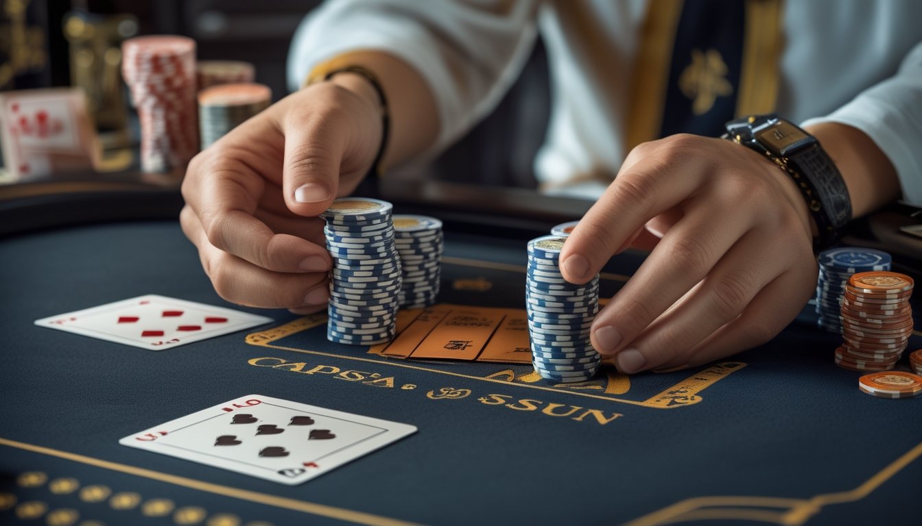 Tangan pemain sedang menyusun kartu dalam permainan Chinese Poker di atas meja permainan dengan tumpukan chip di sekitarnya.