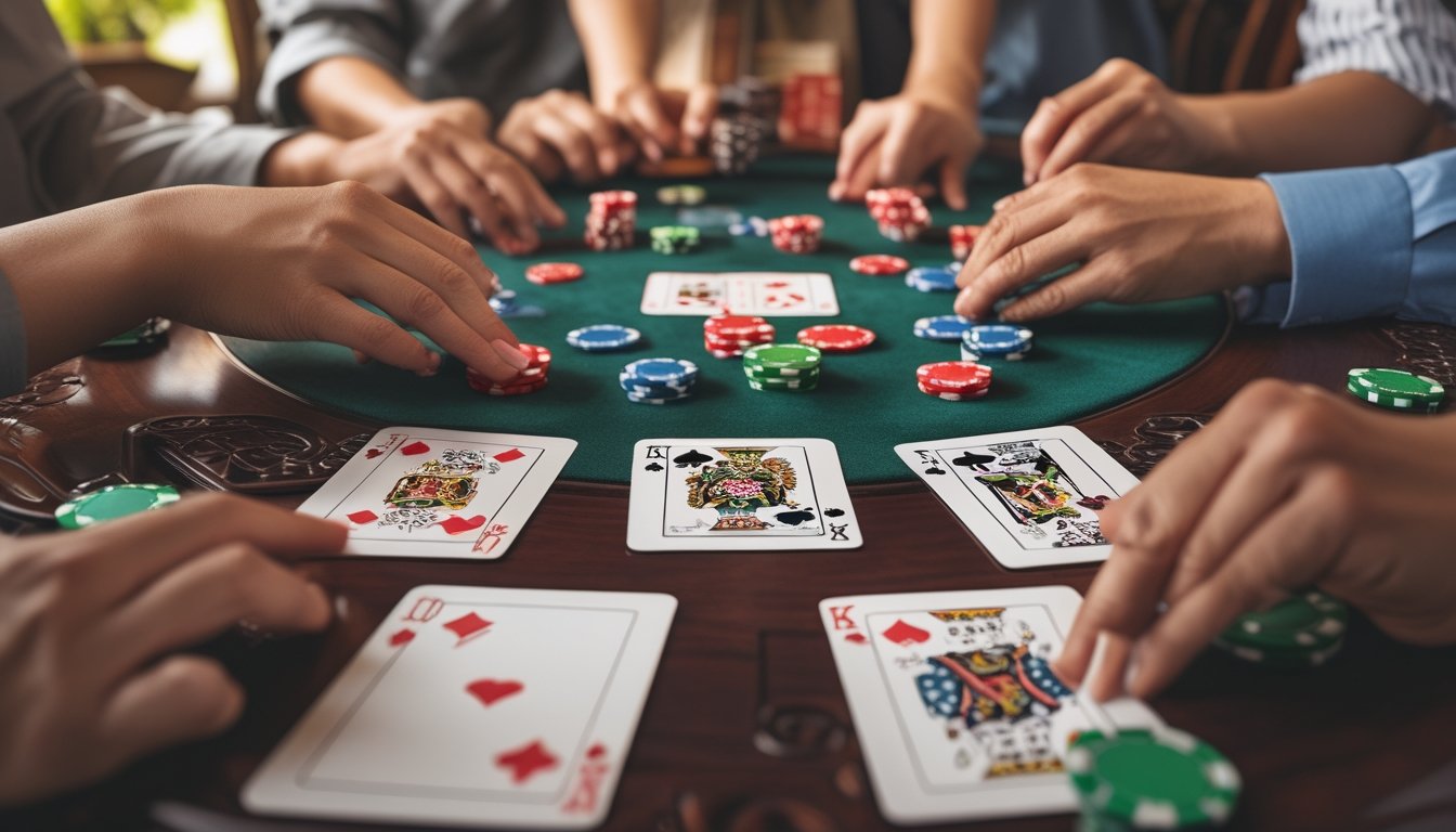 Tangan pemain sedang bermain Capsa Susun dengan kartu dan chip taruhan di atas meja kayu.