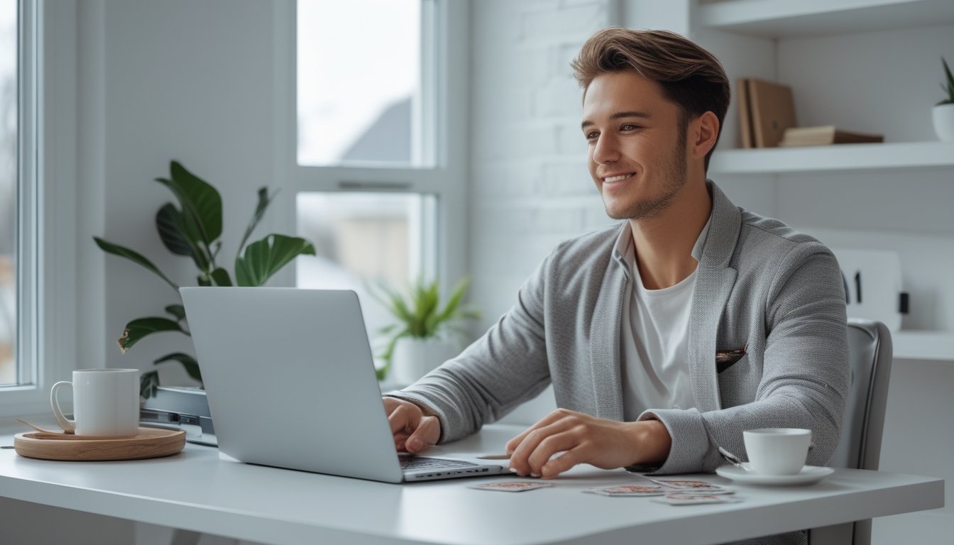Orang muda duduk di meja dengan laptop, bermain permainan kartu online di ruangan yang terang dan nyaman.