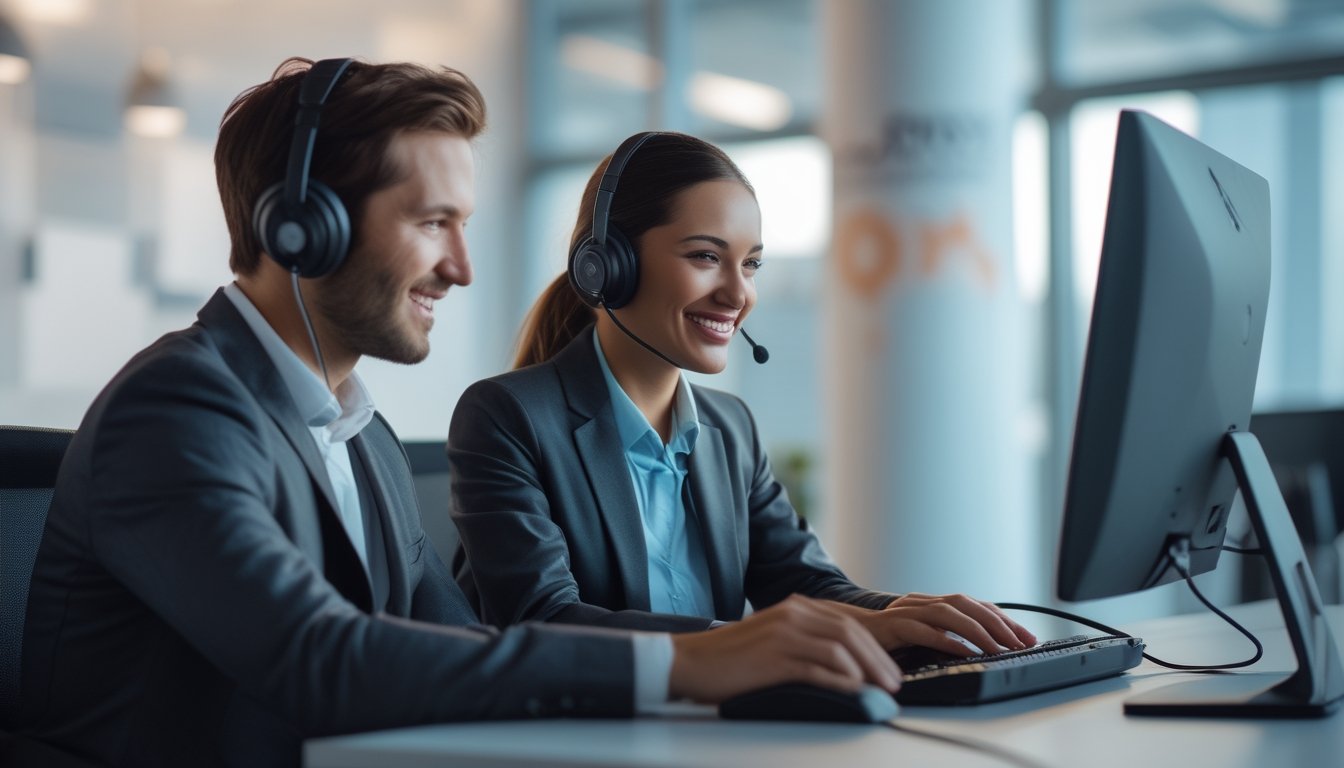 Seorang agen layanan pelanggan yang ramah sedang membantu klien di kantor modern dengan komputer dan headset.