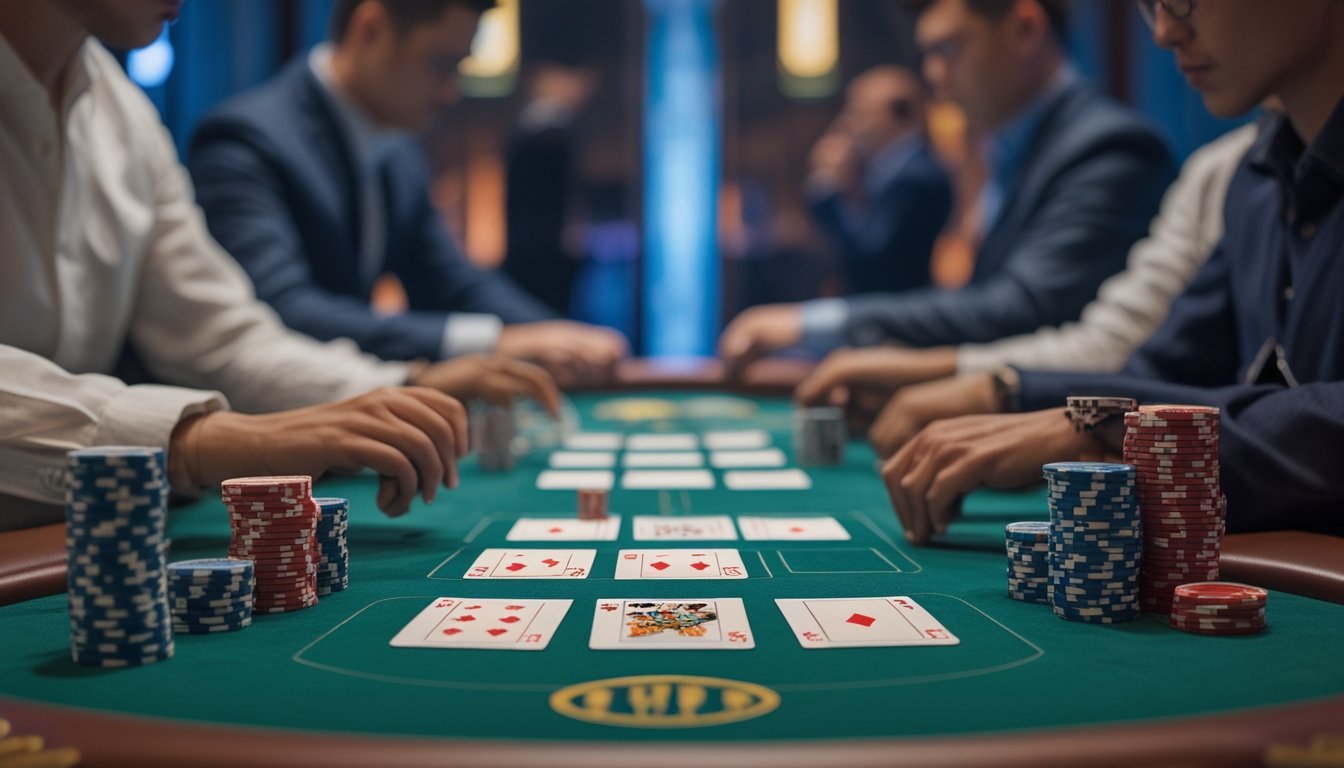 Beberapa pemain berkonsentrasi bermain Capsa Susun dengan kartu dan chip di meja hijau.