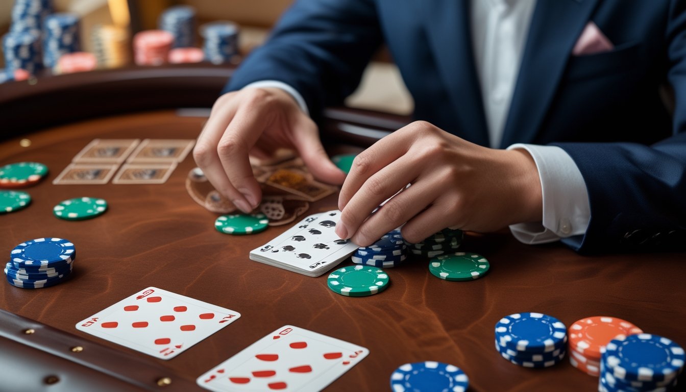 Tangan seorang pemain yang sedang menyusun kartu Capsa Susun di atas meja poker dengan chip dan kartu yang rapi.