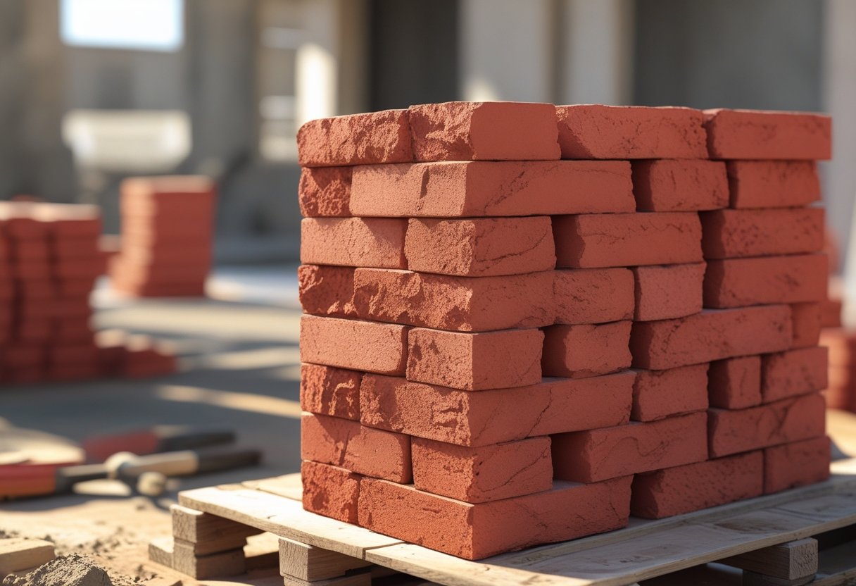 A close-up of red bricks stacked on a pallet at a construction site with tools nearby and a building under construction in the background.