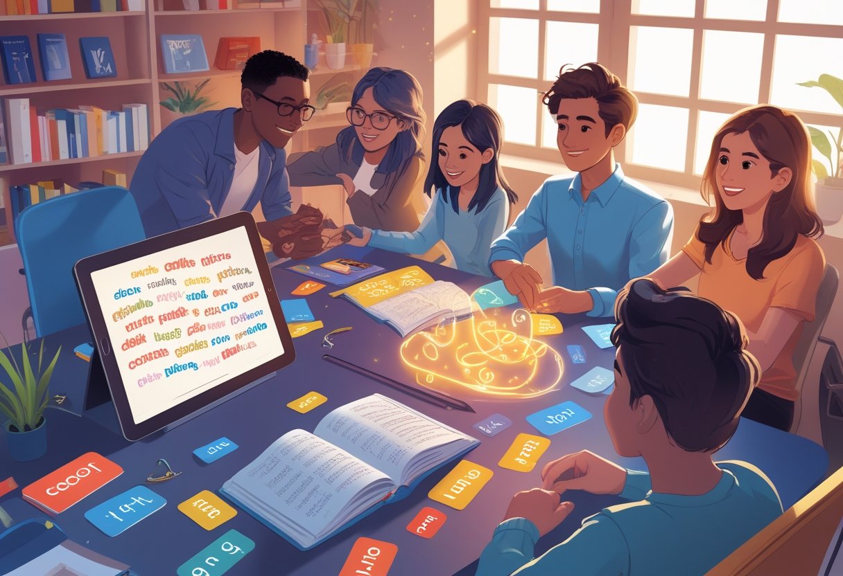 A group of people around a desk engaging with books, flashcards, and a tablet displaying a glowing word cloud in a bright, inviting learning space.