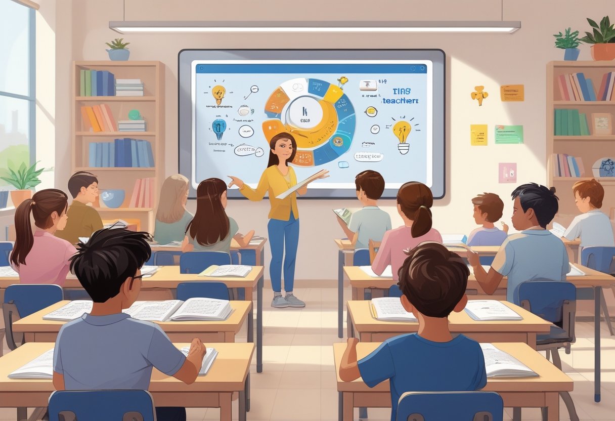 A classroom where a teacher and diverse students engage in language learning activities focused on a word of the day concept.