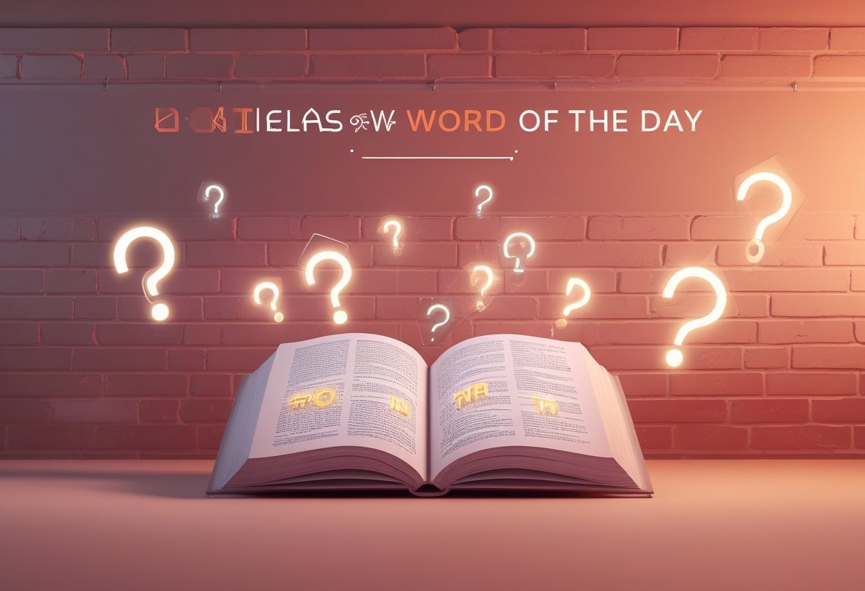 An open book with glowing letters floating above it, surrounded by question marks and lightbulbs, set against a warm reddish brick background.