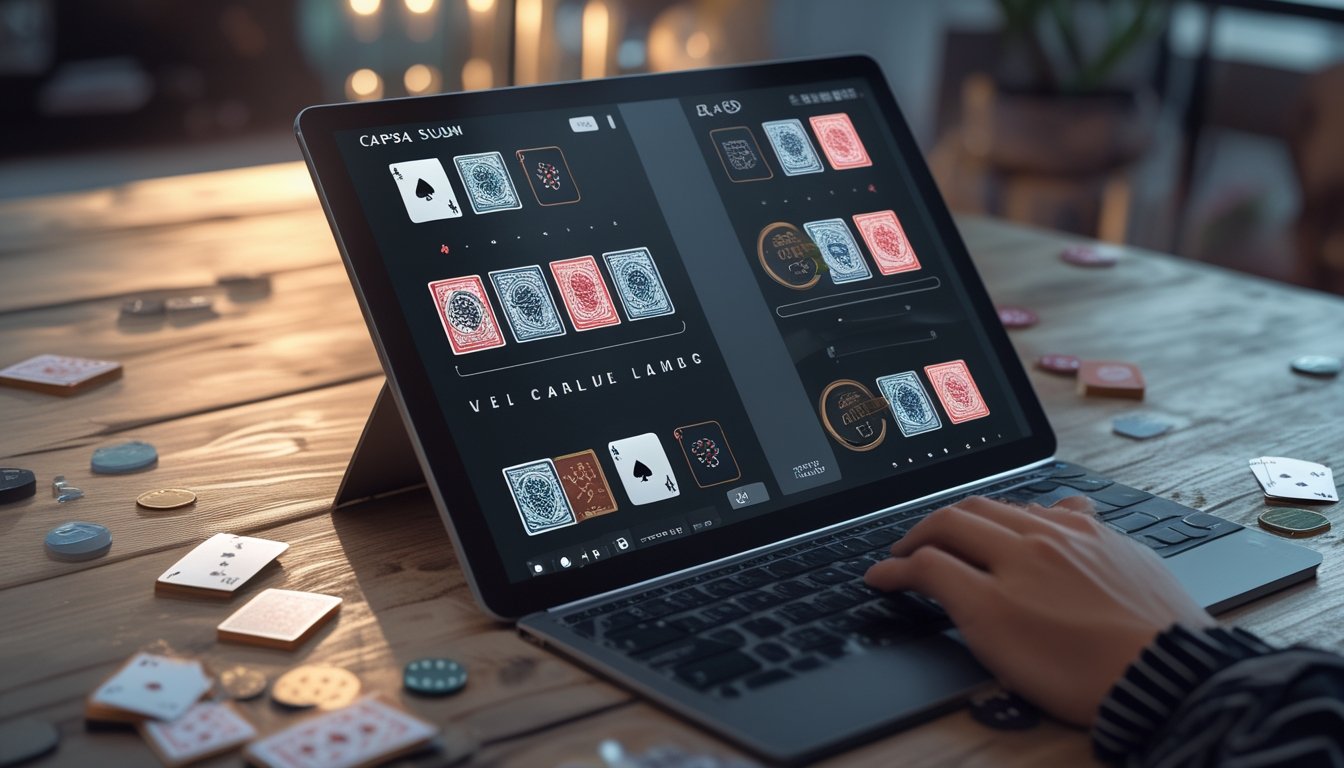 Seorang pemain kartu online menggunakan laptop yang menampilkan dua jenis permainan kartu Capsa Susun dan Capsa Banting dengan kartu dan chip di atas meja kayu.