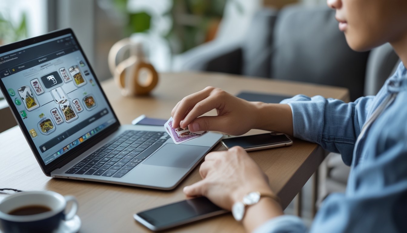 Seorang pria muda sedang bermain Capsa Banting di depan laptop dengan kartu di atas meja kayu, tampak fokus dan serius.