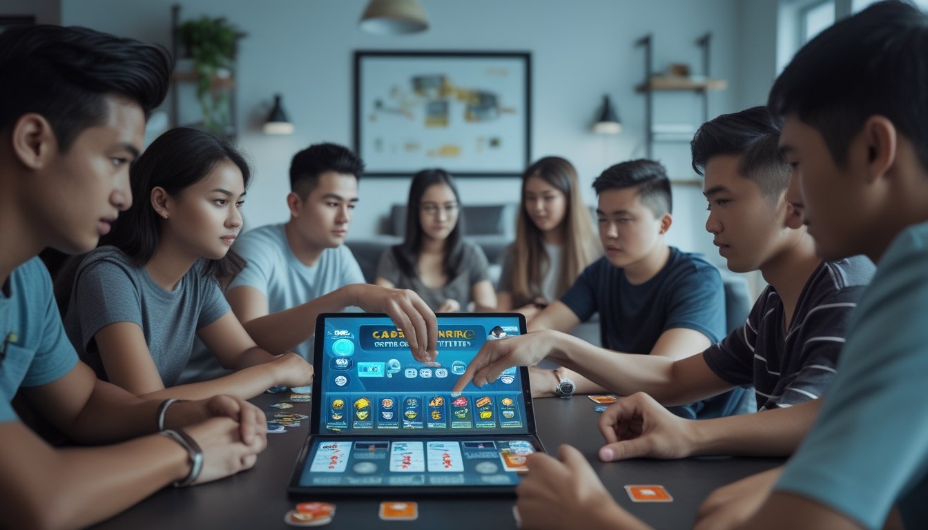 Sekelompok orang muda bermain permainan kartu Capsa Banting secara online menggunakan tablet di ruang tamu yang terang.