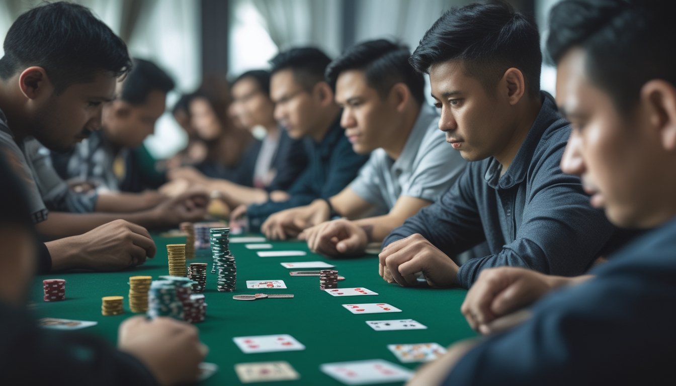 Sekelompok orang sedang bermain Capsa Susun di meja poker dengan kartu dan chip taruhan, menunjukkan suasana penuh konsentrasi dan antisipasi.
