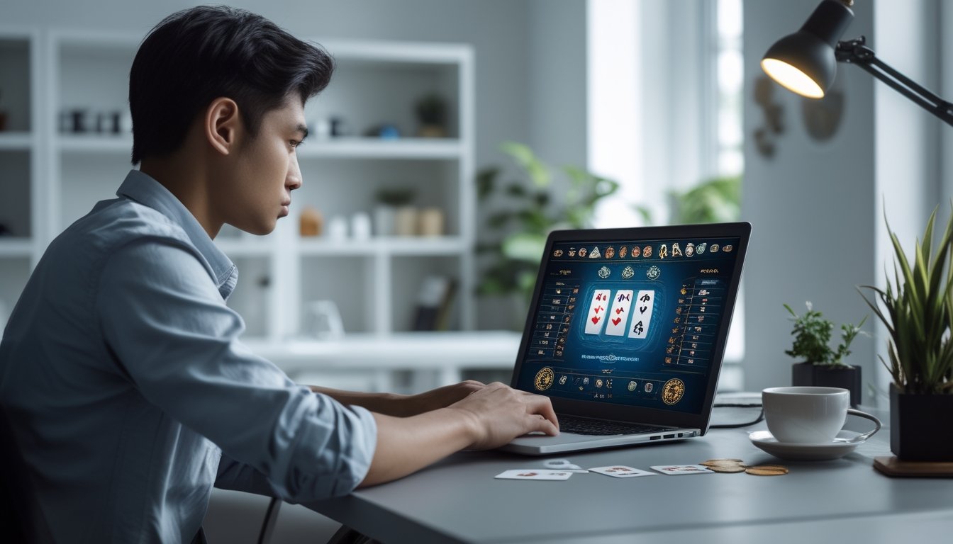 Seorang dewasa muda duduk di meja dengan laptop, bermain permainan kartu Capsa Banting secara online di ruangan kantor rumah yang rapi dan terang.