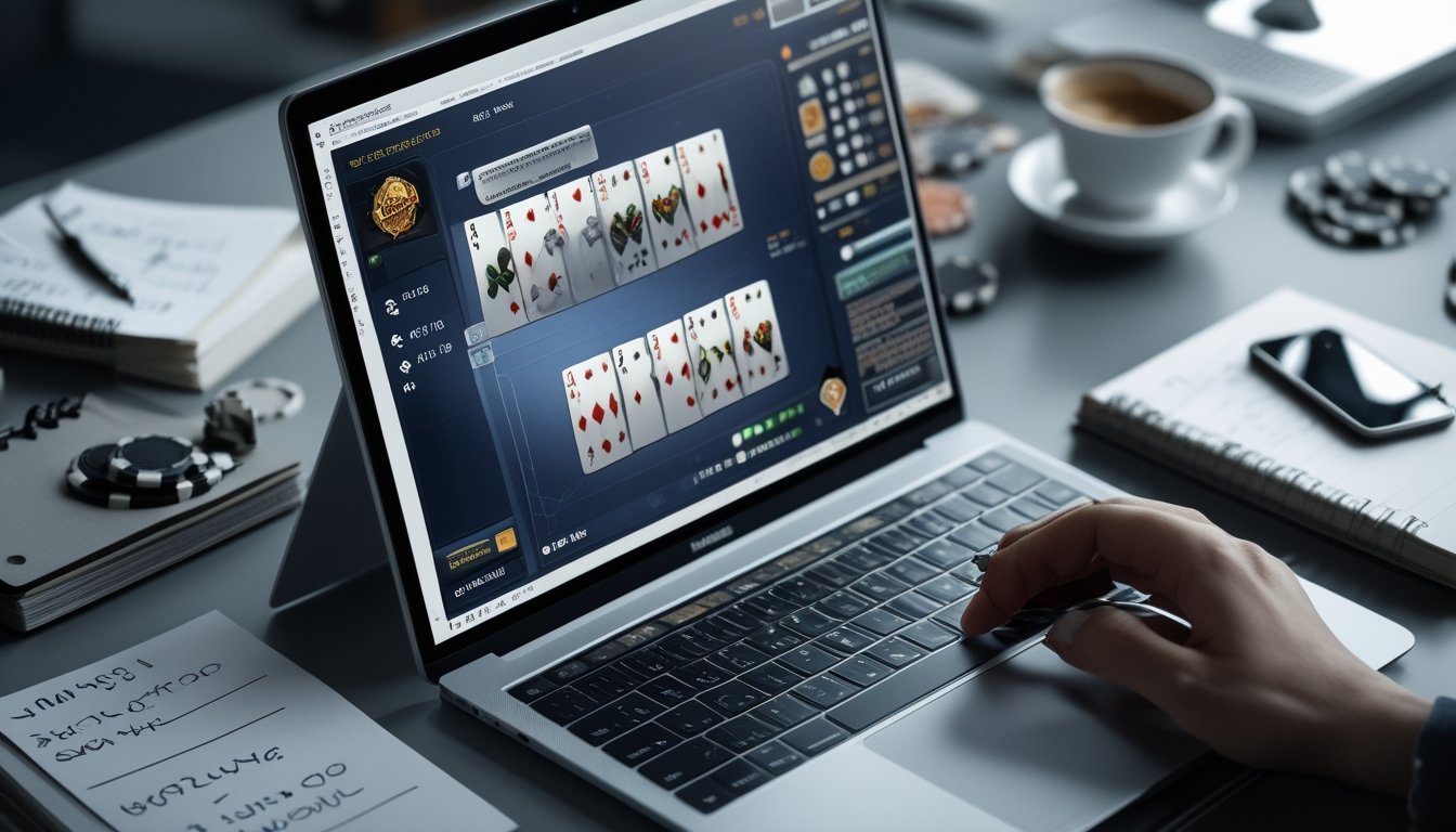 Meja kerja dengan laptop yang menampilkan permainan kartu Capsa Susun online, disertai catatan, pena, dan ponsel, menunjukkan suasana fokus dan strategi bermain.