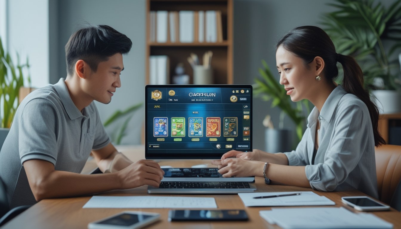 Dua orang dewasa sedang bermain Capsa Susun online di laptop di ruang kerja rumah yang terang dan rapi.