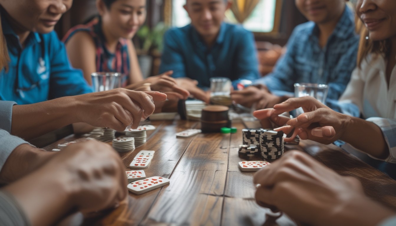 Beberapa orang sedang bermain permainan kartu Ceme di meja kayu dengan kartu dan chip poker, suasana santai dan fokus.