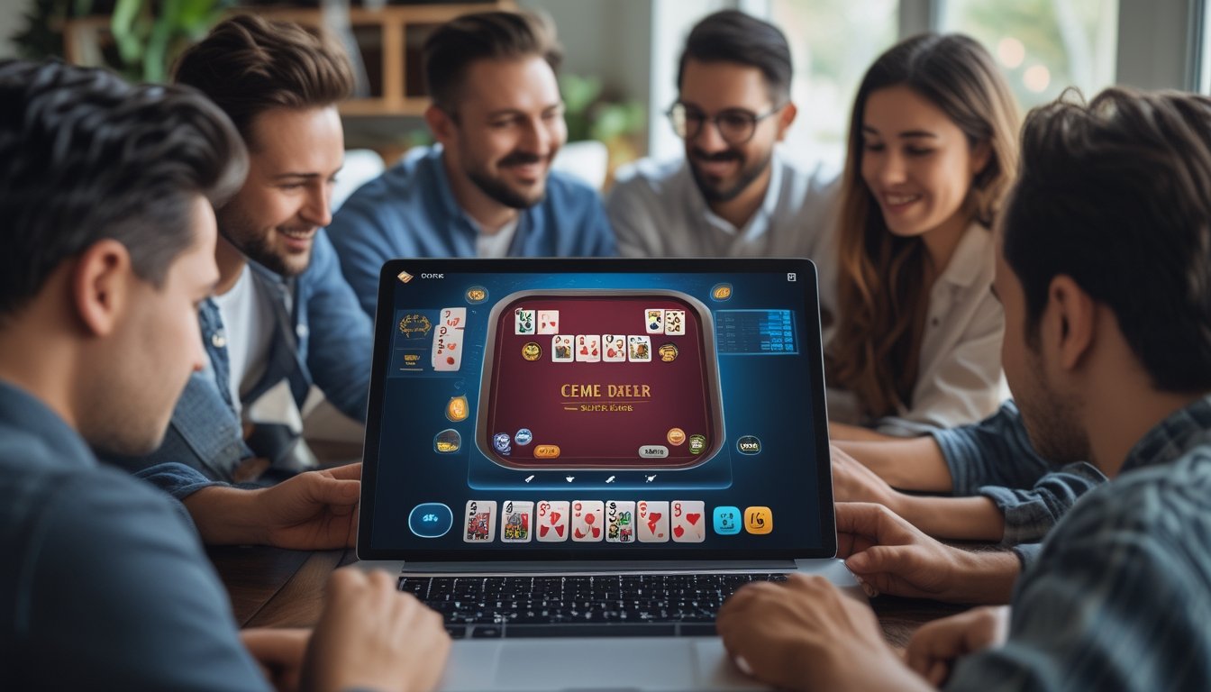 Orang-orang sedang bermain permainan kartu online dengan perangkat digital di meja modern.